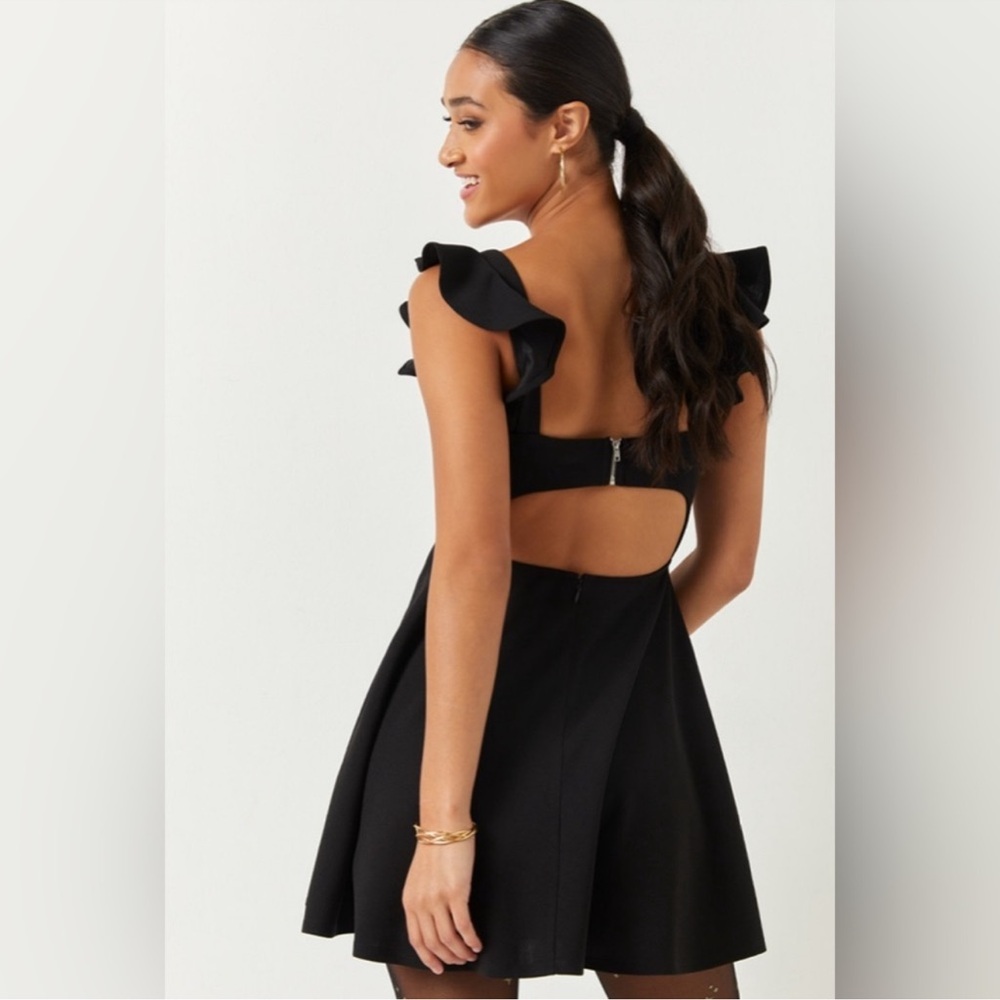 mi ami for francesca’s Black Ruffled Backless Fit & Flare Dress
